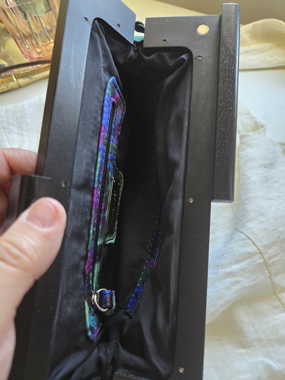 Nine West Satin Floral Clutch in Black, Green & Purple - Picture 6 of 7